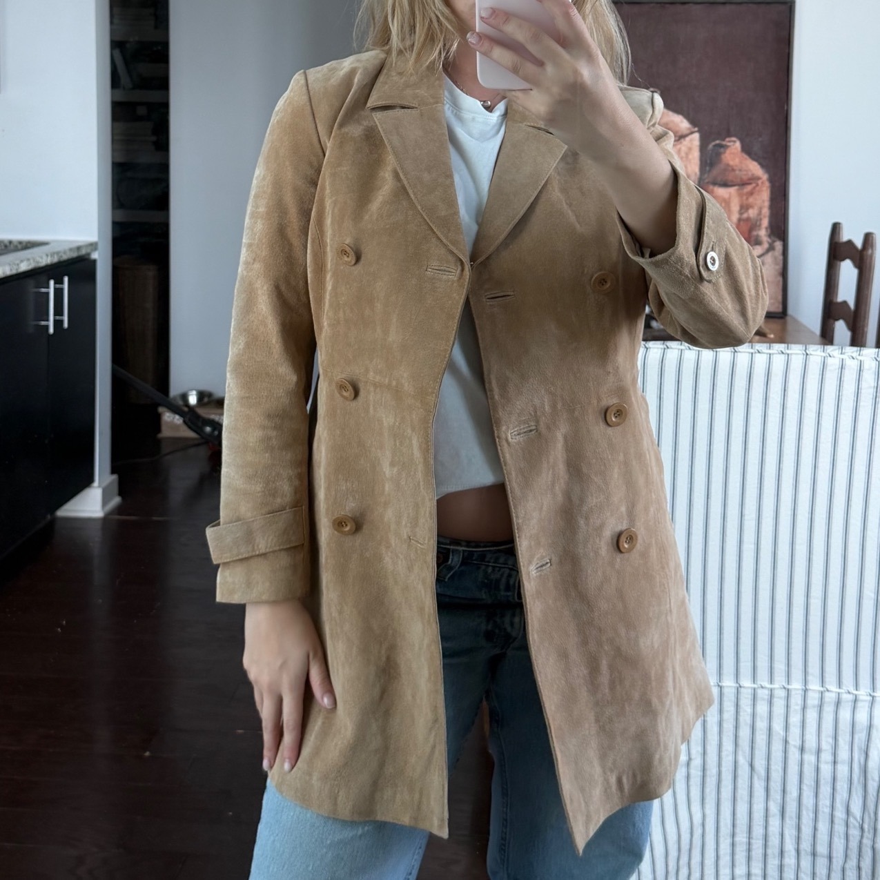 Vintage Tan Suede Double-Breasted Trench Coat Size Small